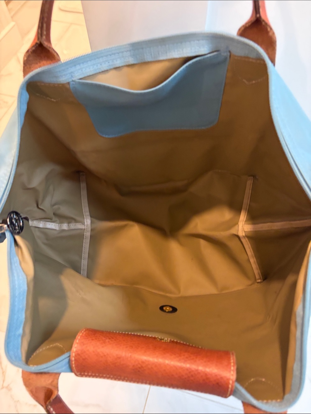 Longchamp Style Teal Tote with Brown Leather Trim - Picture 6 of 6